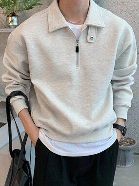 Grey Casual Minimalist Men's Oversized Rib-Knit Pullover Sweatshirt